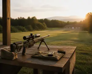 Rifle resting on a wooden bench at an outdoor shooting range at golden hour