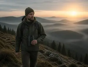 Hunter with binoculars on a misty forest ridge at sunrise