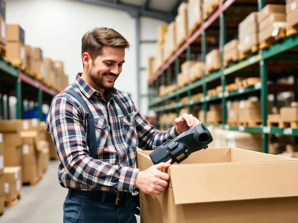 Warehouse associate carefully packing outdoor equipment for shipping