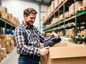 Warehouse associate carefully packing outdoor equipment for shipping